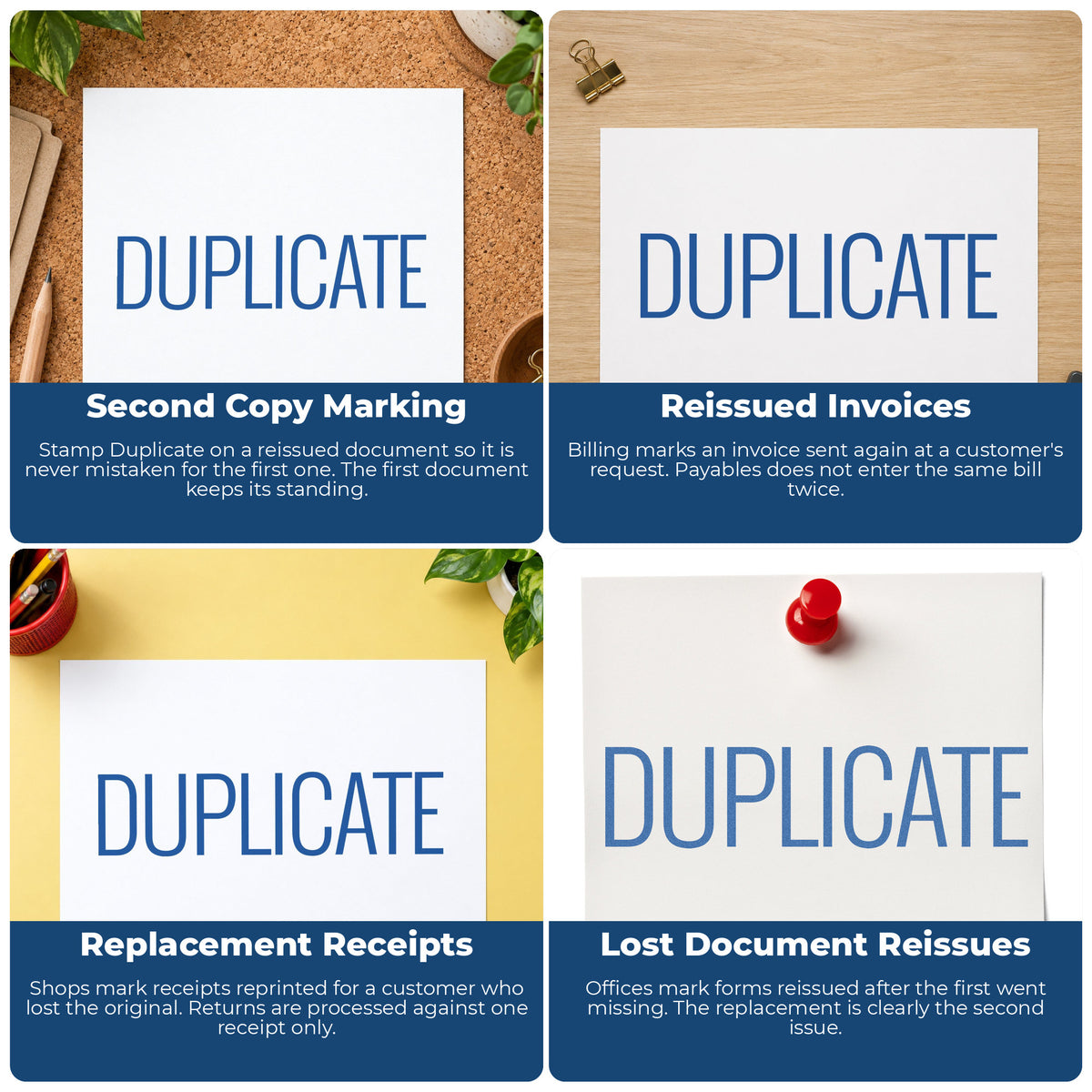 "Duplicate" stamp shown in use on office documents, Duplicate Stamp overview