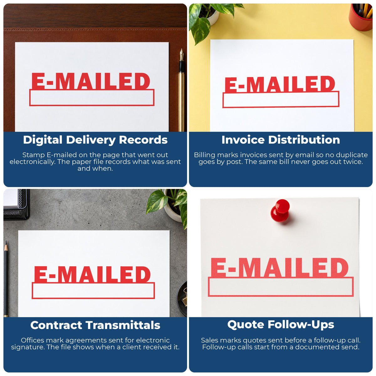 "E-mailed" stamp shown in use on office documents, E-Mailed Stamp overview