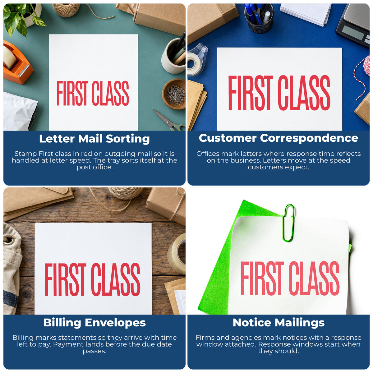 "First class" stamp shown in use on office documents, Xstamper First Class Envelope Stamp – Red Pre-Inked overview