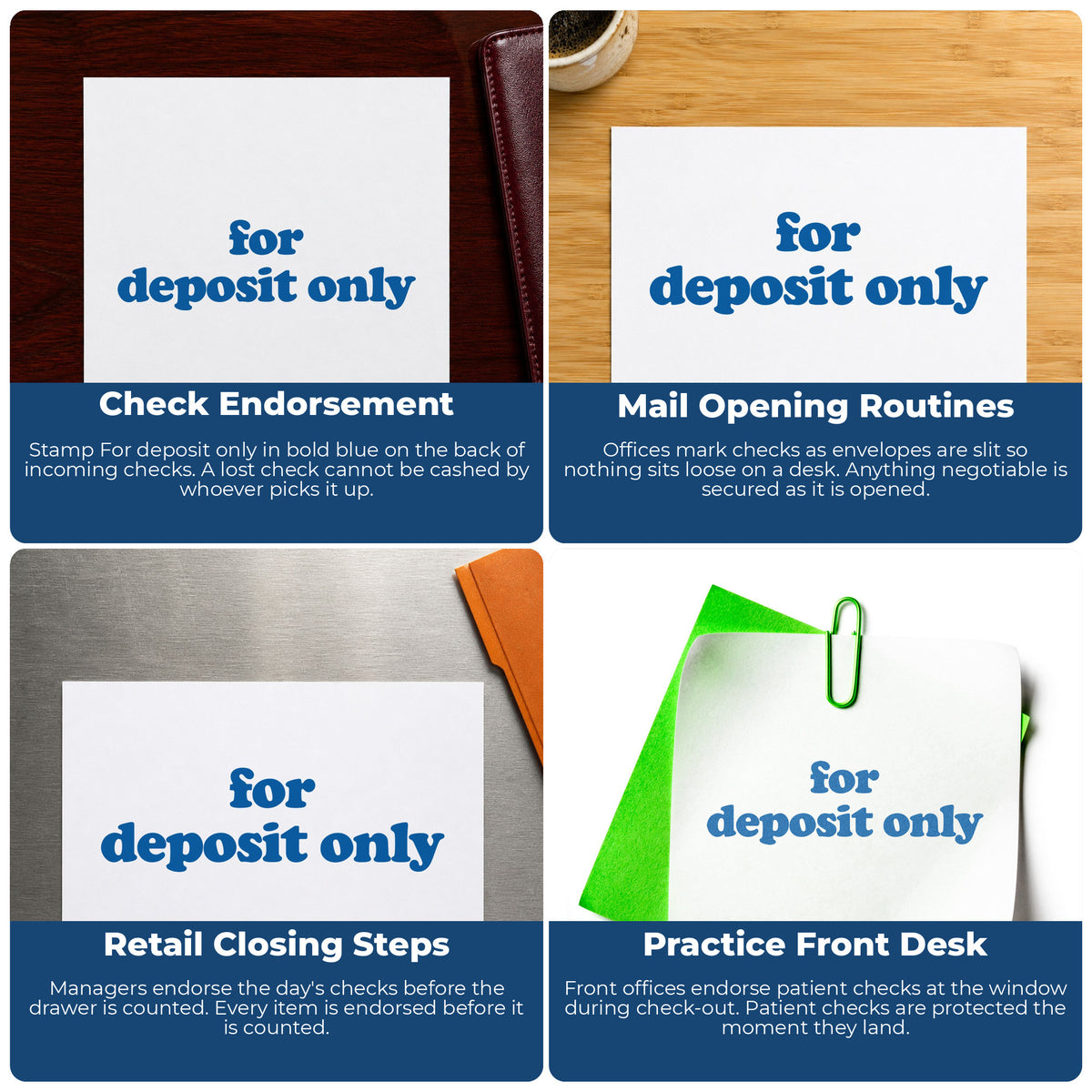 "For deposit only" stamp shown in use on office documents, For Deposit Only Banking Stamp – Bold Blue Pre-Inked Xstamper o...