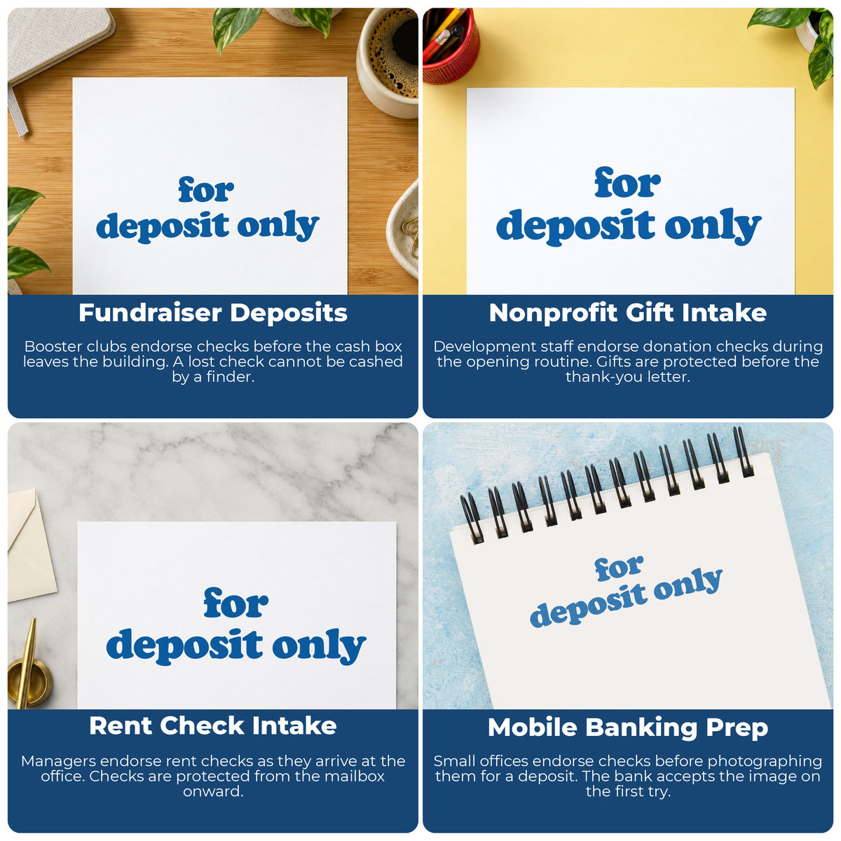 More ways to use the "For deposit only" imprint from the For Deposit Only Banking Stamp – Bold Blue Pre-Inked Xstamper