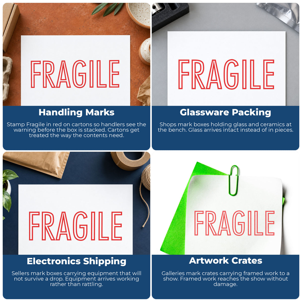 "Fragile" stamp shown in use on office documents, Xstamper Fragile Mailing Stamp – Red Pre-Inked overview