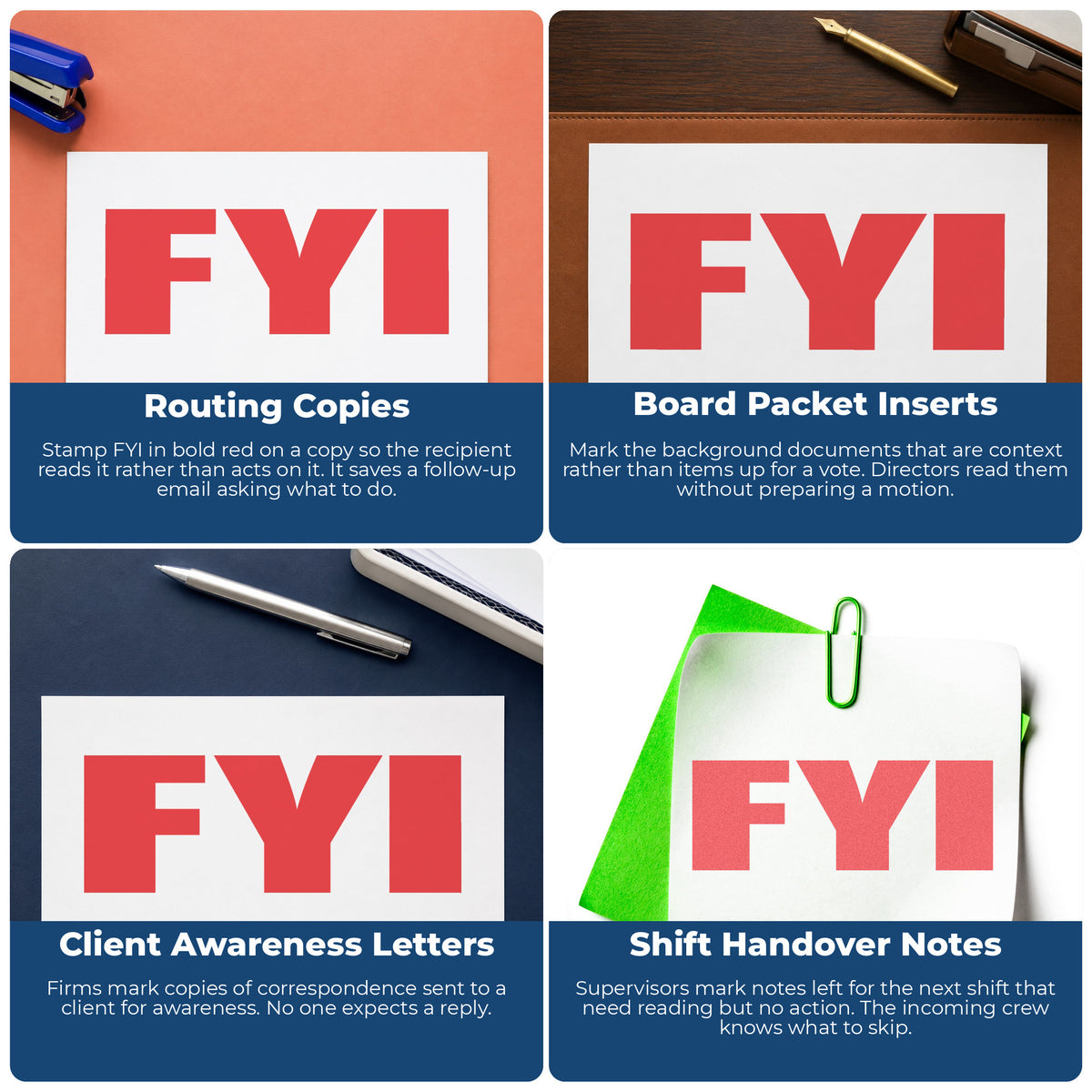 "FYI" stamp shown in use on office documents, FYI Stamp – Bold Red Pre-Inked Xstamper overview