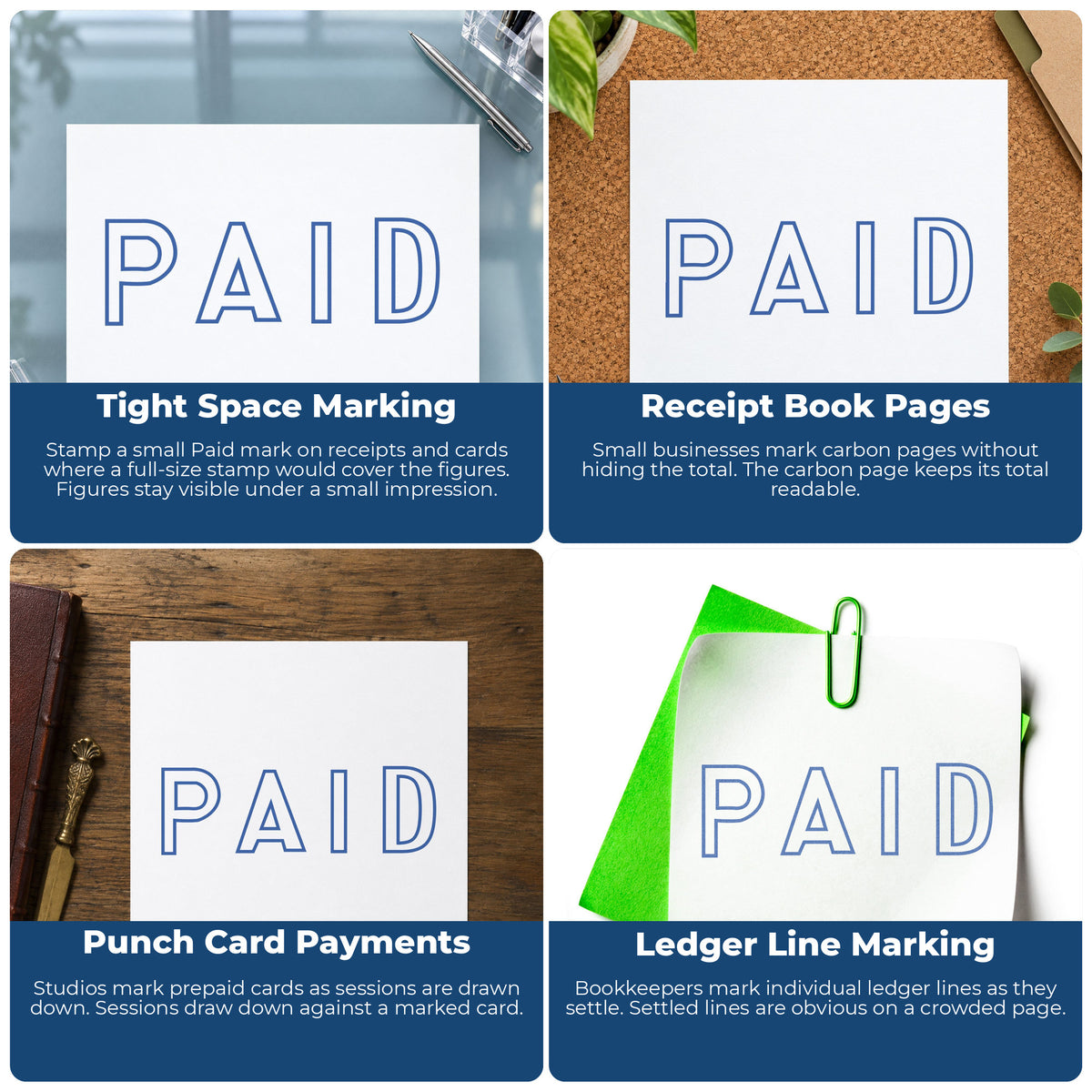 "Paid" stamp shown in use on office documents, Small Paid Stamp overview