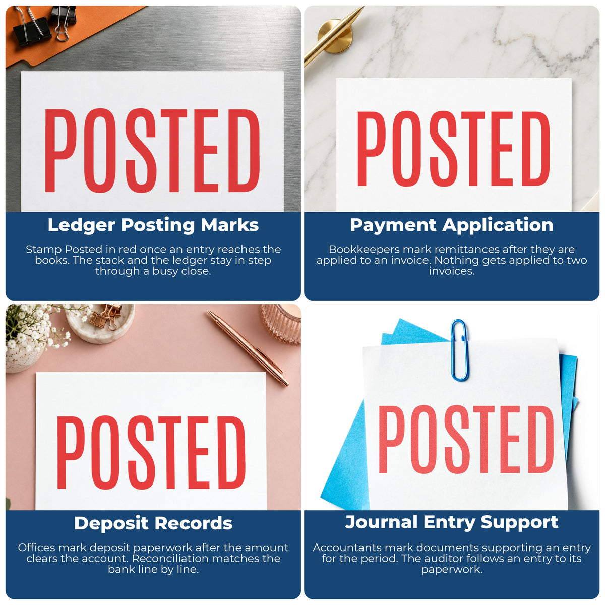 "Posted" stamp shown in use on office documents, Posted Record Stamp – Red Pre-Inked Xstamper overview