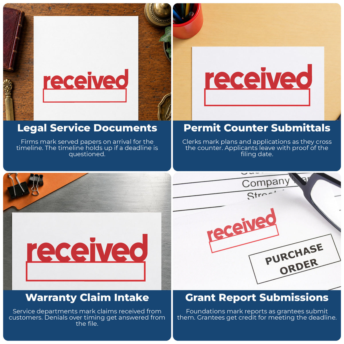 More ways to use the "Received" imprint from the Received Office Stamp – Red Pre-Inked Xstamper