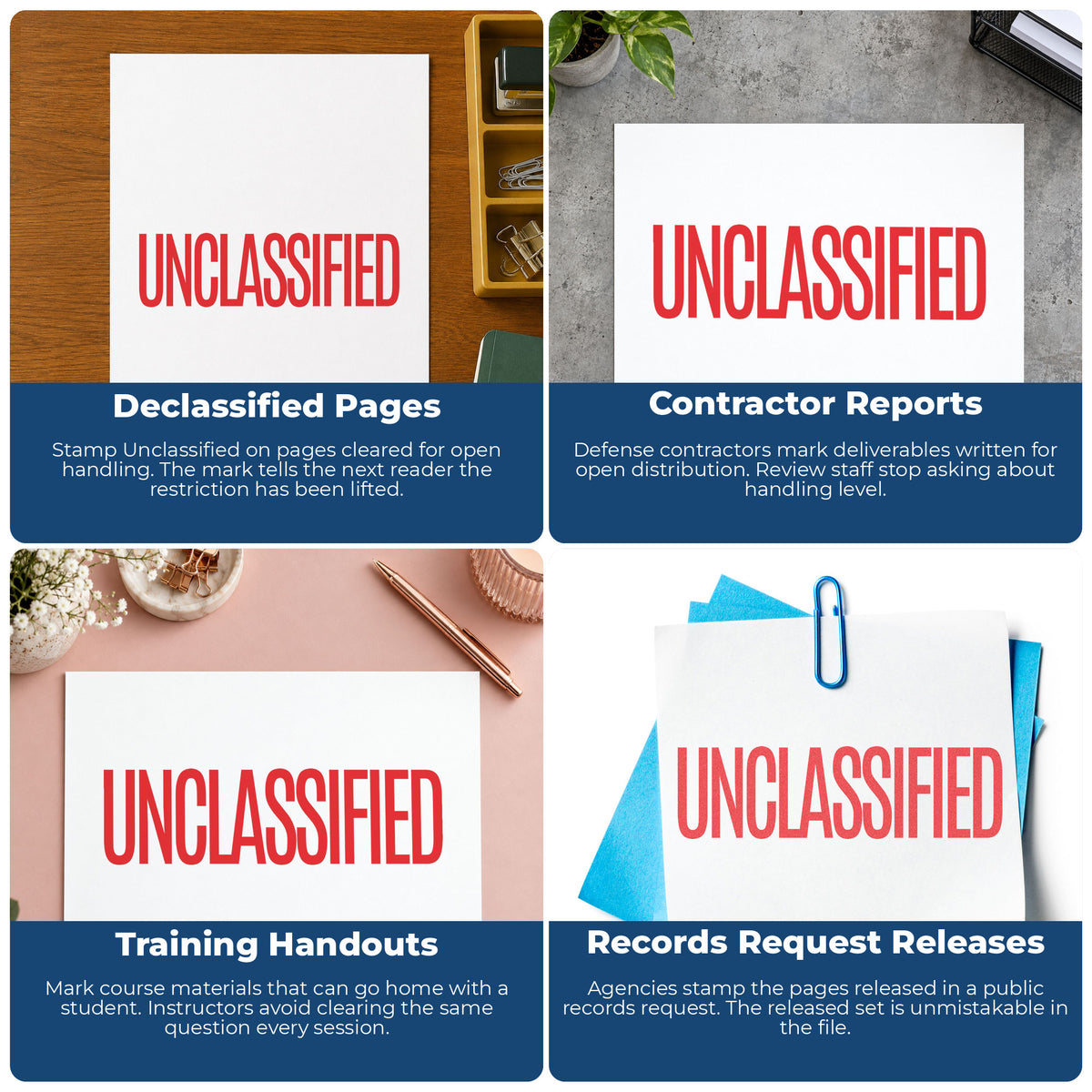 "Unclassified" stamp shown in use on office documents, Unclassified Document Stamp overview
