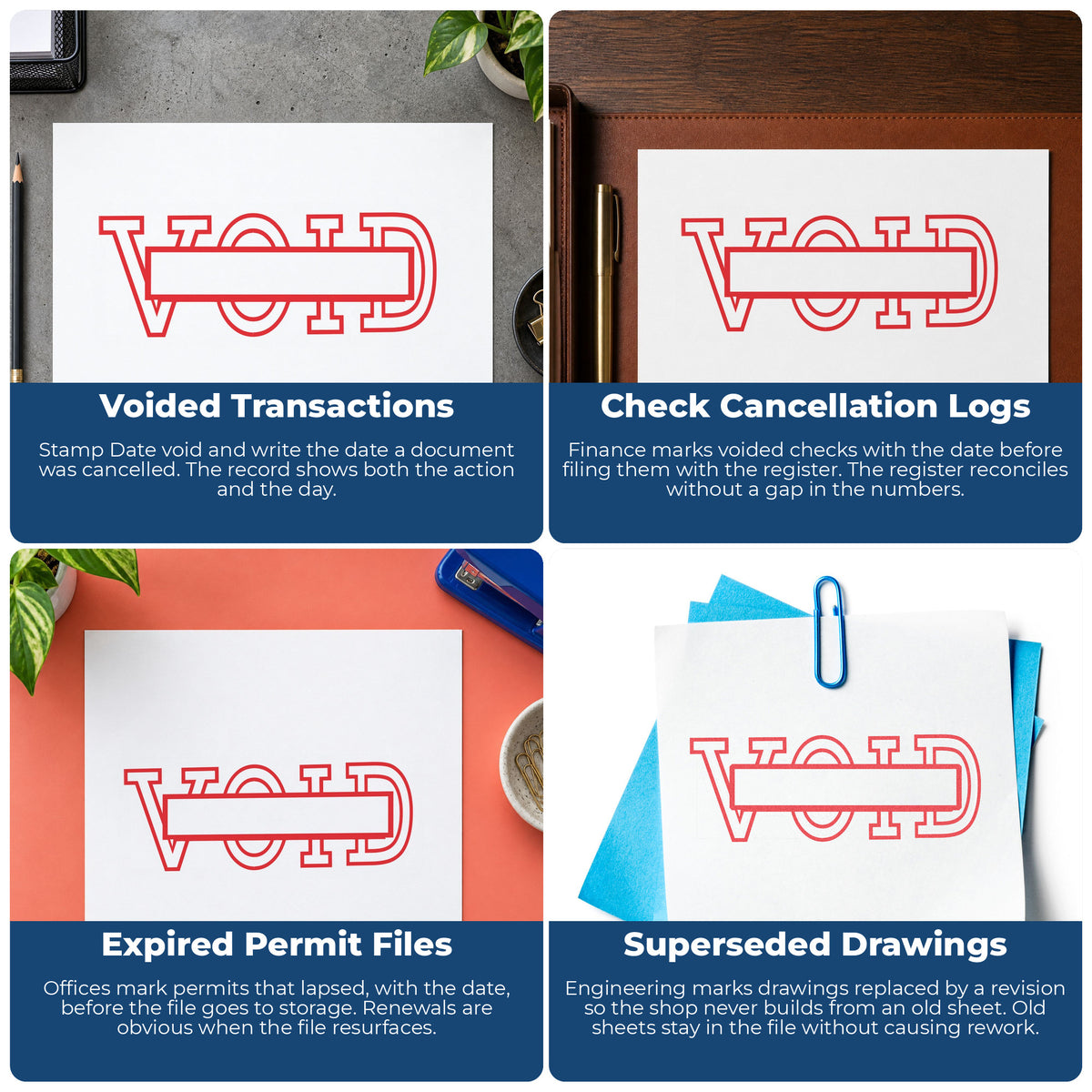 "Date void" stamp shown in use on office documents, Date Void Text Stamp overview