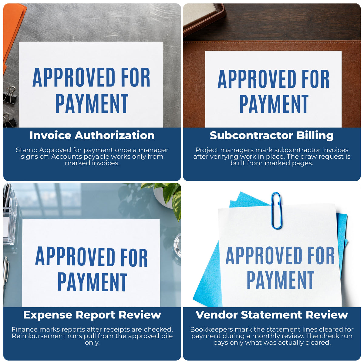 "Approved for payment" stamp shown in use on office documents, Approved For Payment Stamp overview