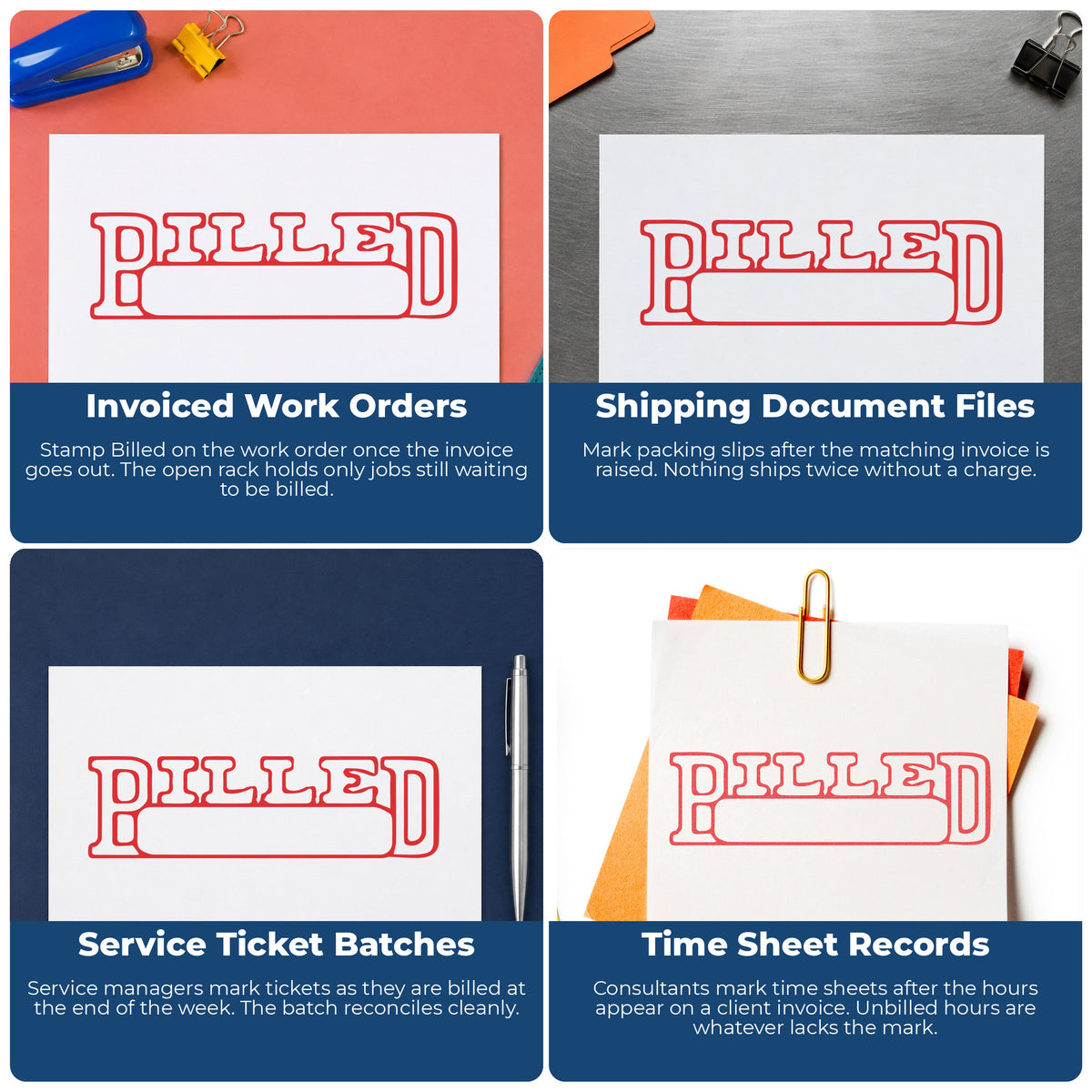 "Billed" stamp shown in use on office documents, Xstamper Billed Invoice Stamp overview