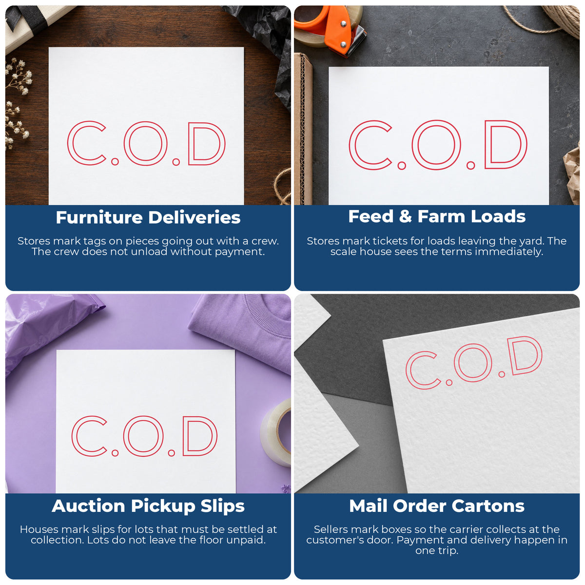 More ways to use the "C.O.D." imprint from the C.O.D. Office Stamp – Red Pre-Inked Xstamper