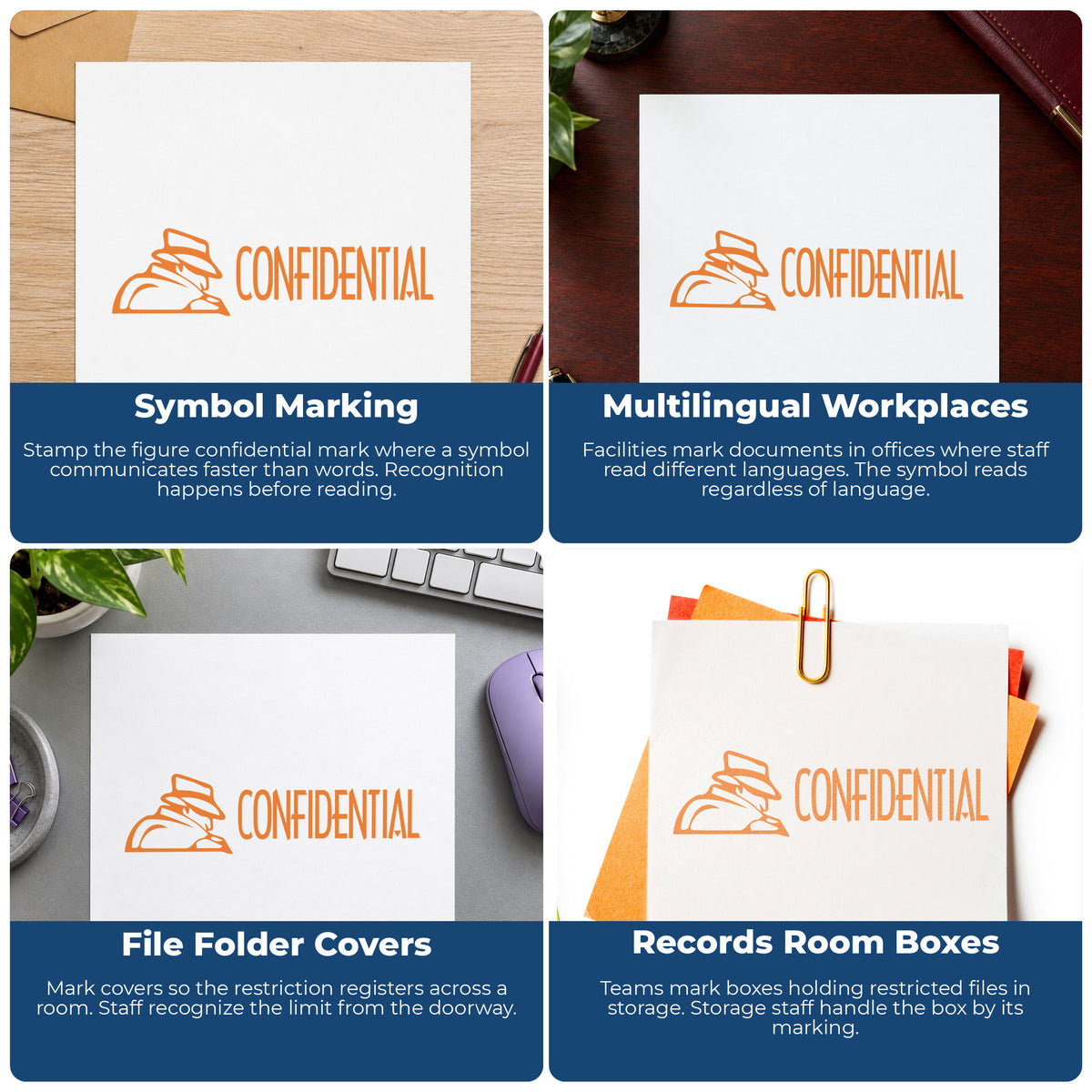 "Confidential" stamp shown in use on office documents, Confidential Office Stamp – Figure Style Pre-Inked Xstamper overview