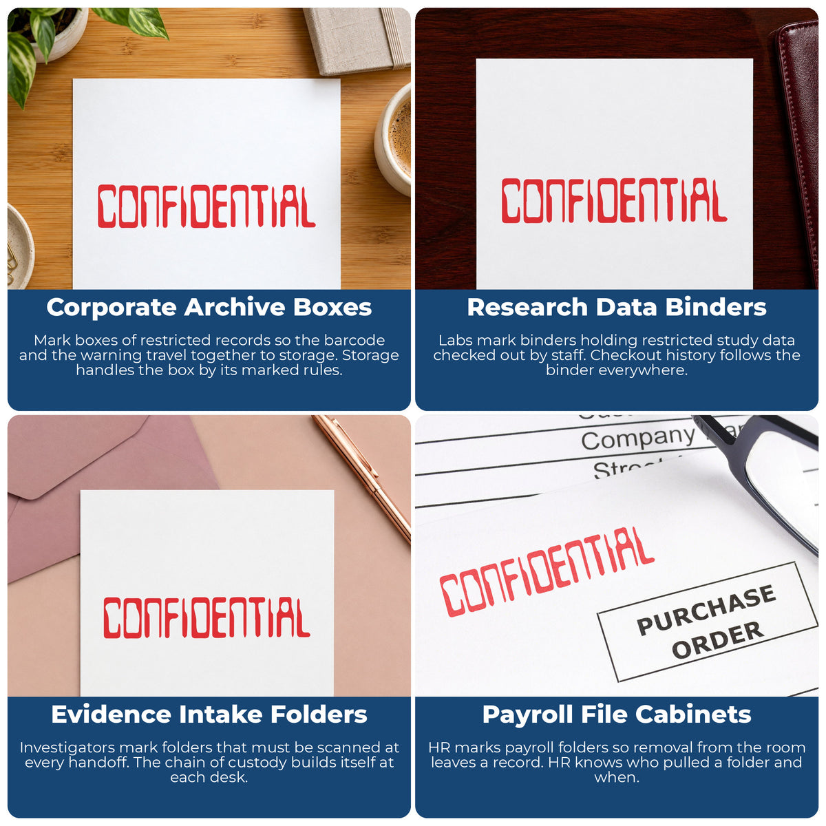 More ways to use the "Confidential" imprint from the Confidential Document Stamp – Barcode Style Pre-Inked Xstamper