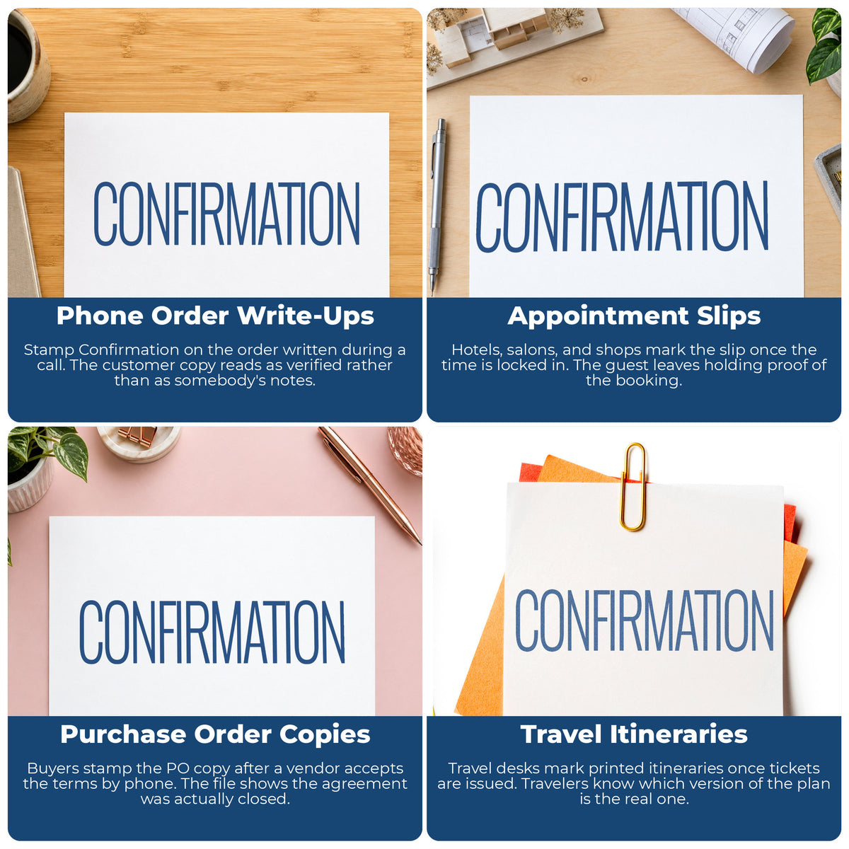 "Confirmation" stamp shown in use on office documents, Confirmation Stamp overview