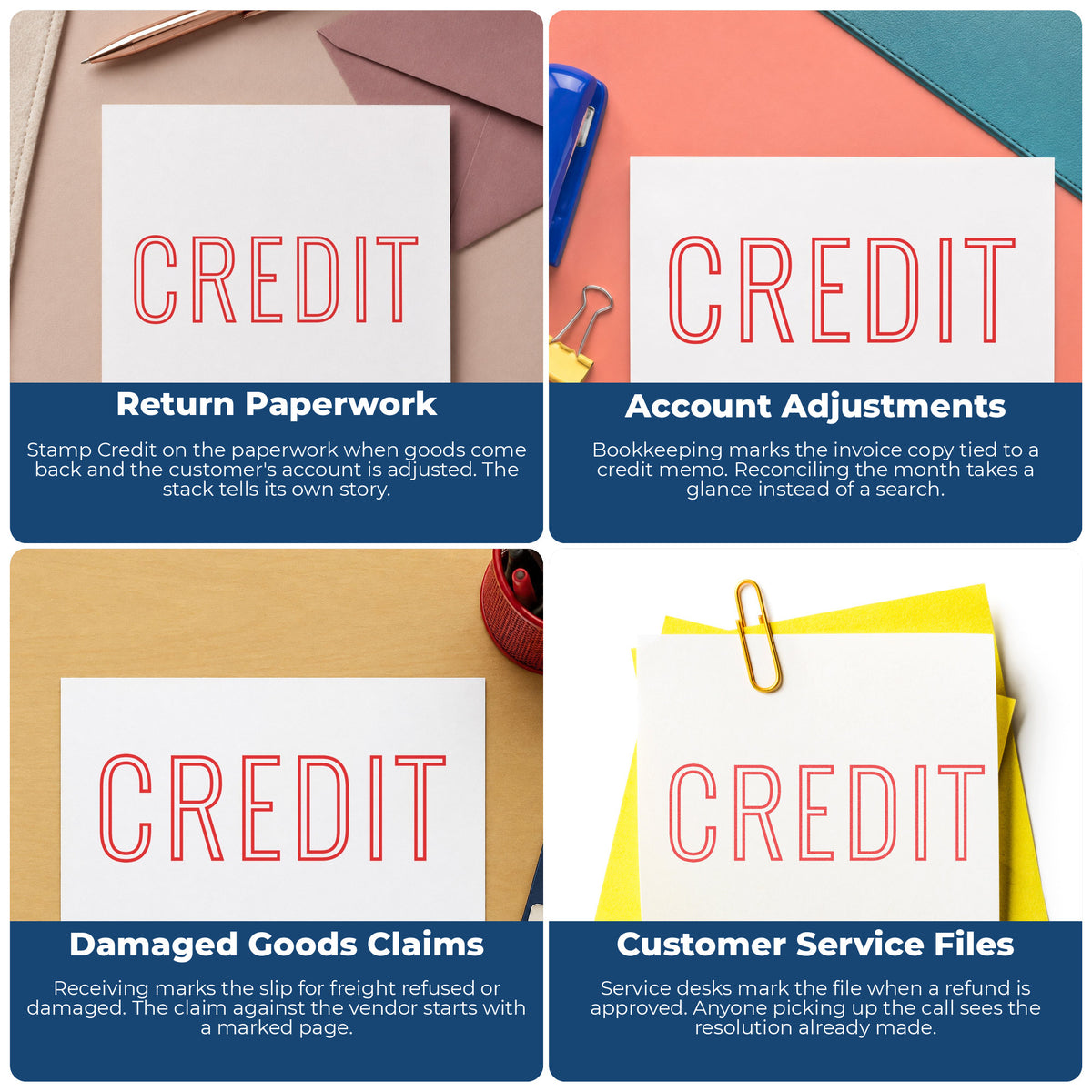"Credit" stamp shown in use on office documents, Xstamper Credit Accounting Stamp overview