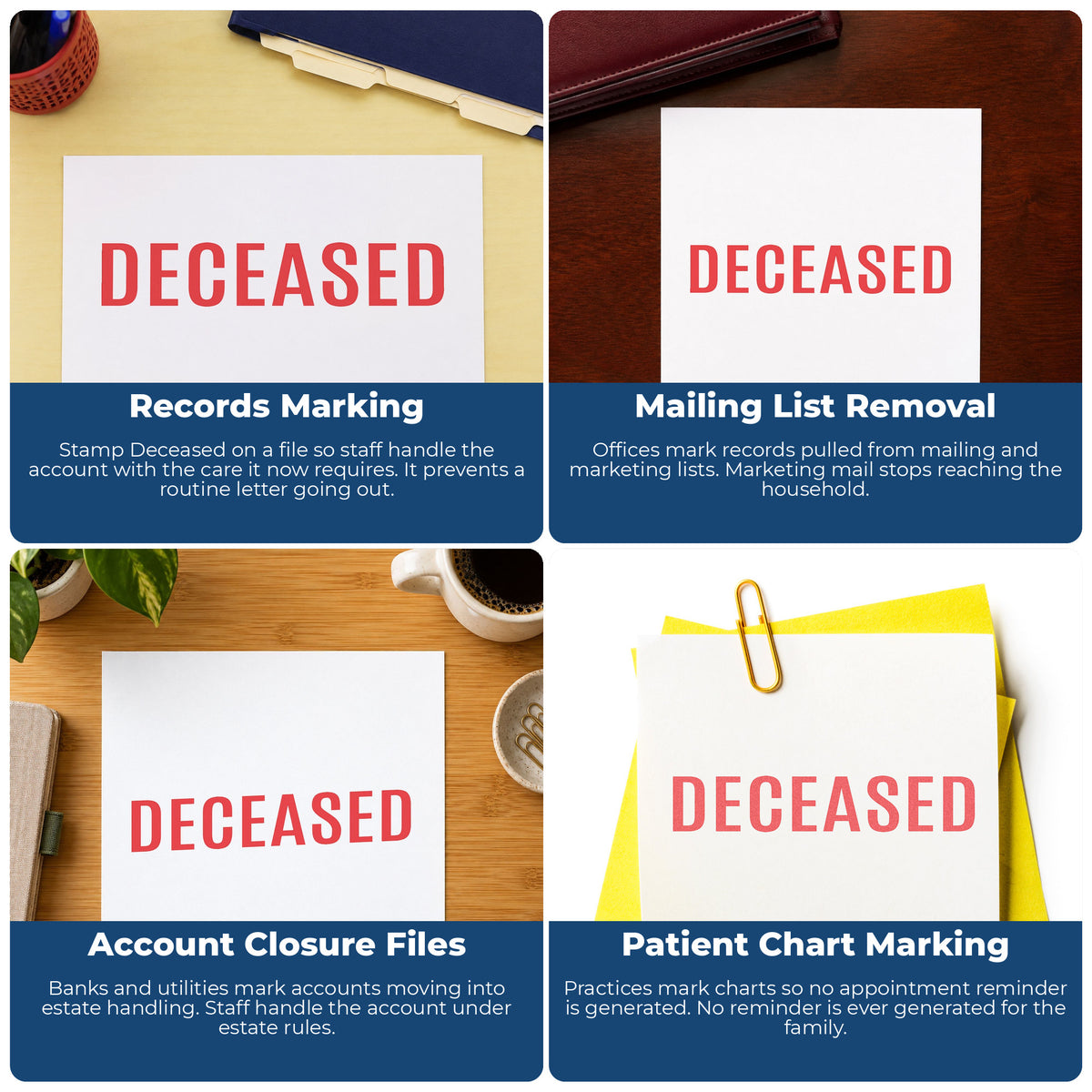 "Deceased" stamp shown in use on office documents, Deceased Record Stamp overview