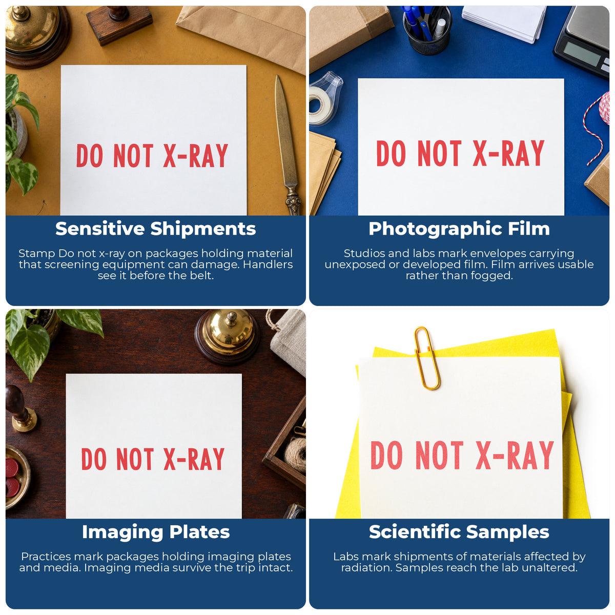"Do not x-ray" stamp shown in use on office documents, Xstamper Do Not X-Ray Stamp overview