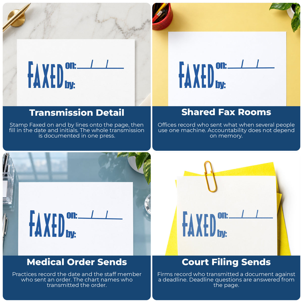 "Faxed on: by:" stamp shown in use on office documents, Xstamper Faxed On: By: Stamp overview