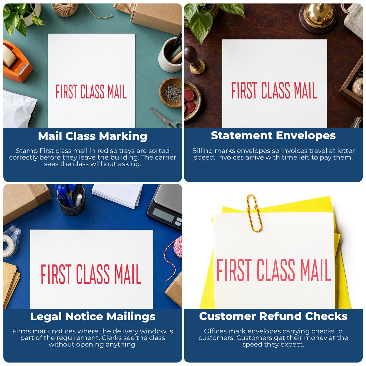 "First class mail" stamp shown in use on office documents, First Class Mail Stamp For Mail Processing – Red Pre-Inked Xsta...