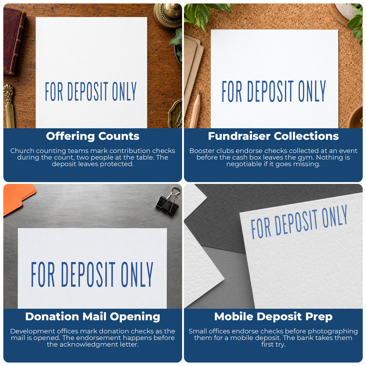 More ways to use the "For deposit only" imprint from the For Deposit Only Check Endorsement Stamp – Blue Pre-Inked Xstamper