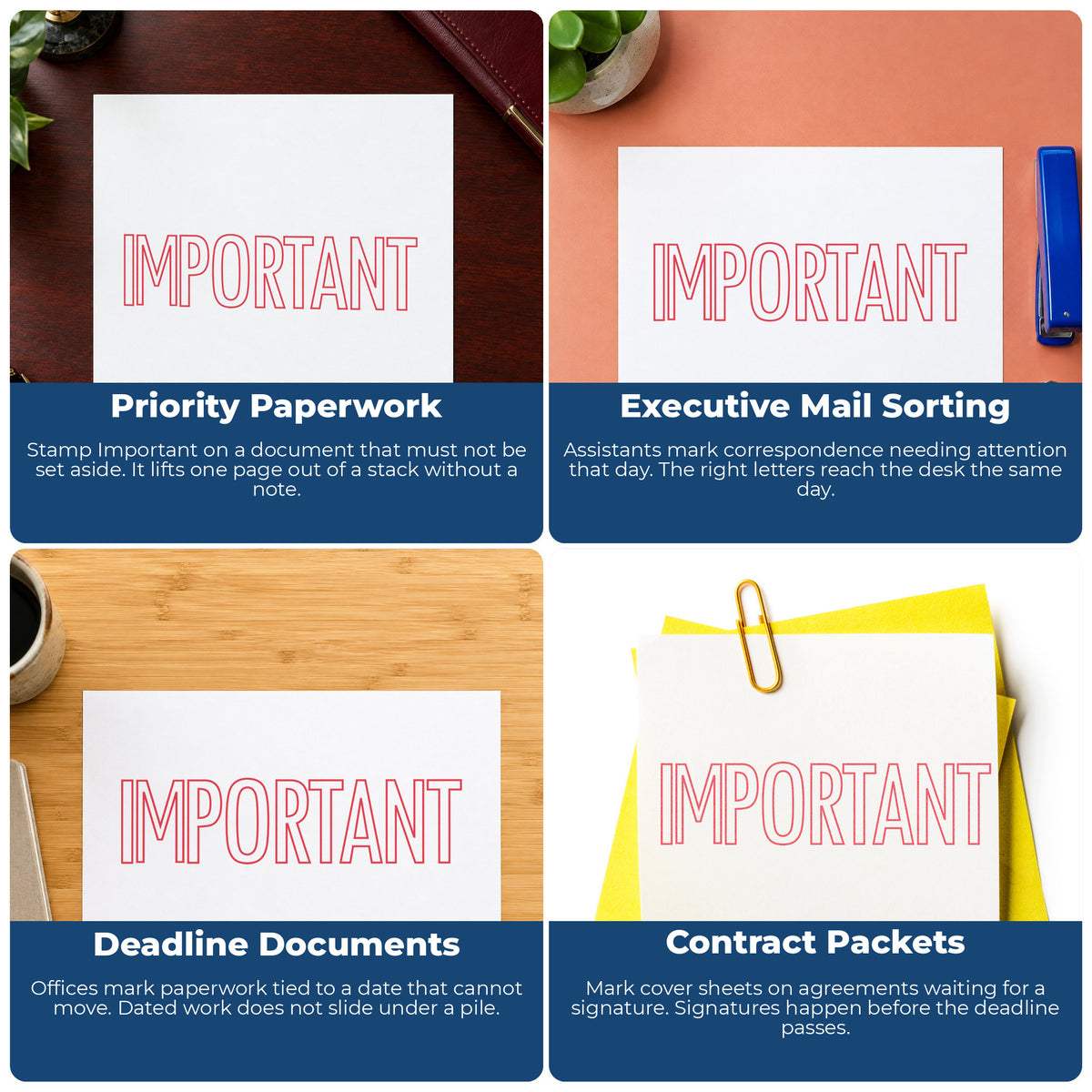 "Important" stamp shown in use on office documents, Important Stamp overview