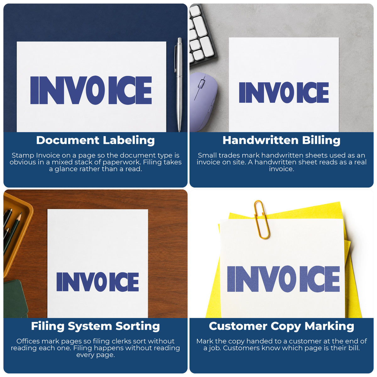 "Invoice" stamp shown in use on office documents, Xstamper Invoice Office Stamp overview