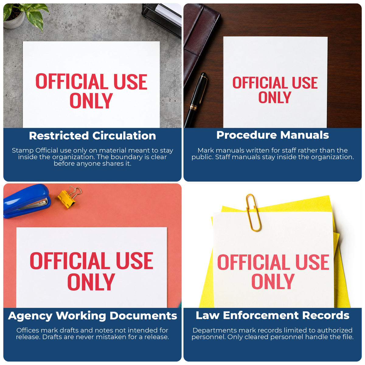 "Official use only" stamp shown in use on office documents, Xstamper Official Use Only Document Stamp overview