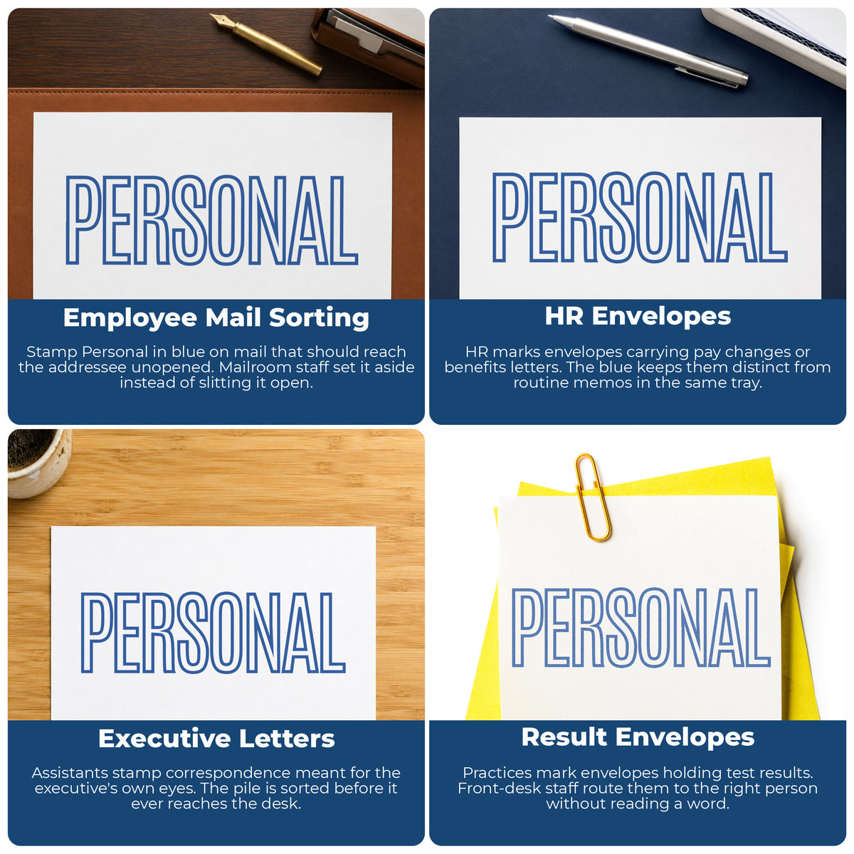 "Personal" stamp shown in use on office documents, Personal Correspondence Stamp – Blue Pre-Inked Xstamper overview