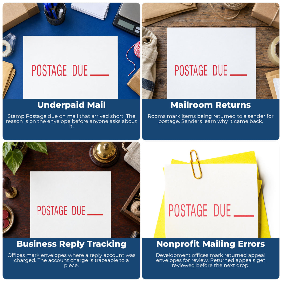 "Postage due" stamp shown in use on office documents, Postage Due Envelope Stamp overview