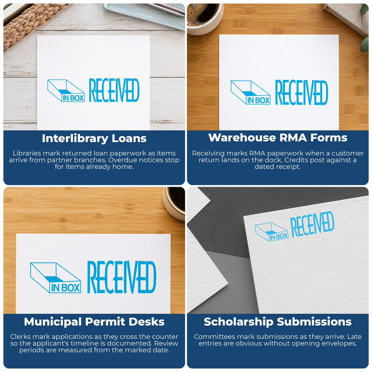 More ways to use the "Received" imprint from the Received Stamp – Blue Pre-Inked Xstamper