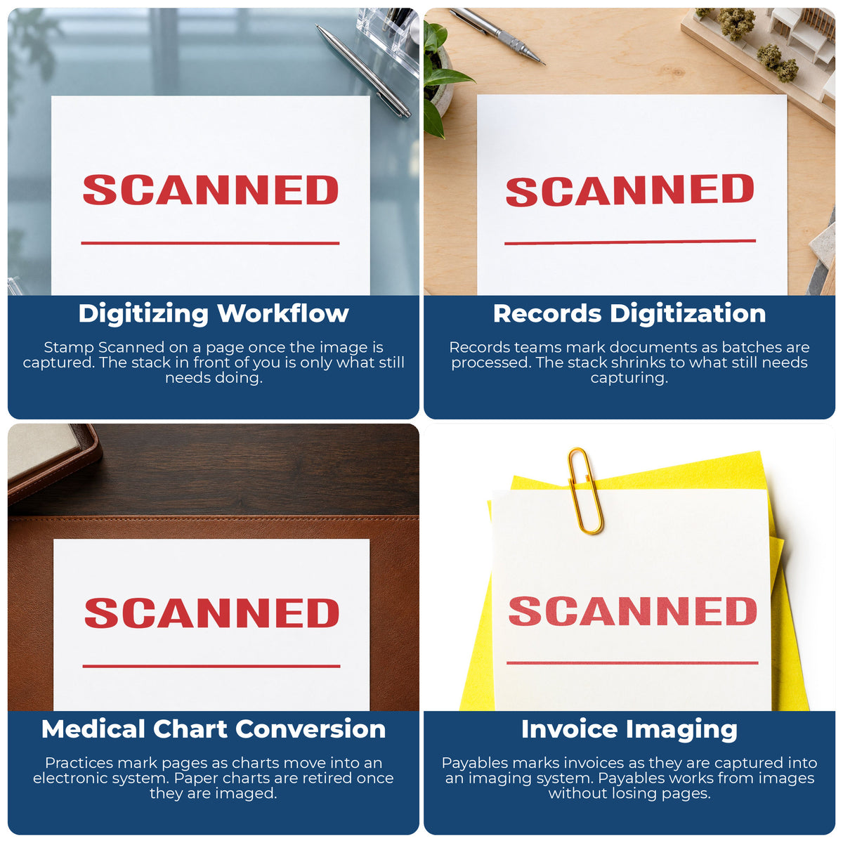 "Scanned" stamp shown in use on office documents, Xstamper Scanned Stamp overview