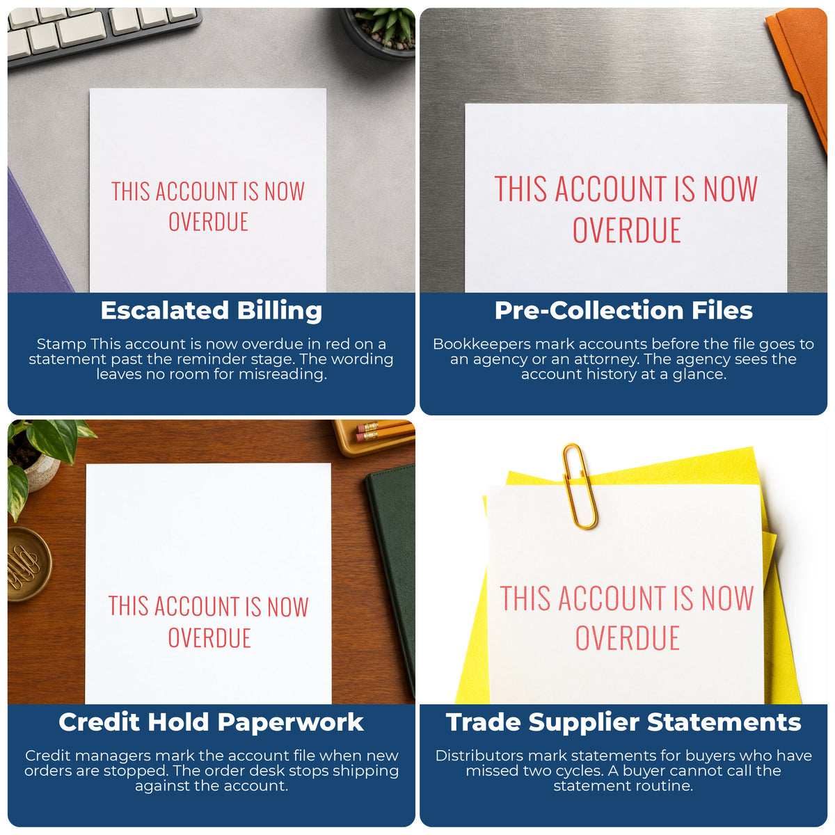 "This account is now overdue" stamp shown in use on office documents, Red This Account Is Now Overdue Invoice Stamp overview