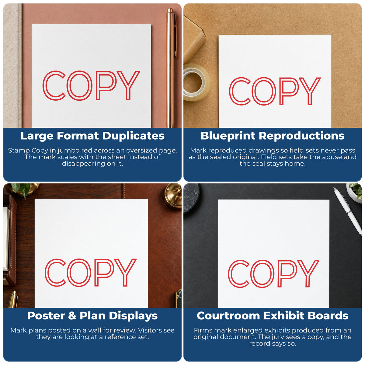 "Copy" stamp shown in use on office documents, Jumbo Red Copy Stamp overview