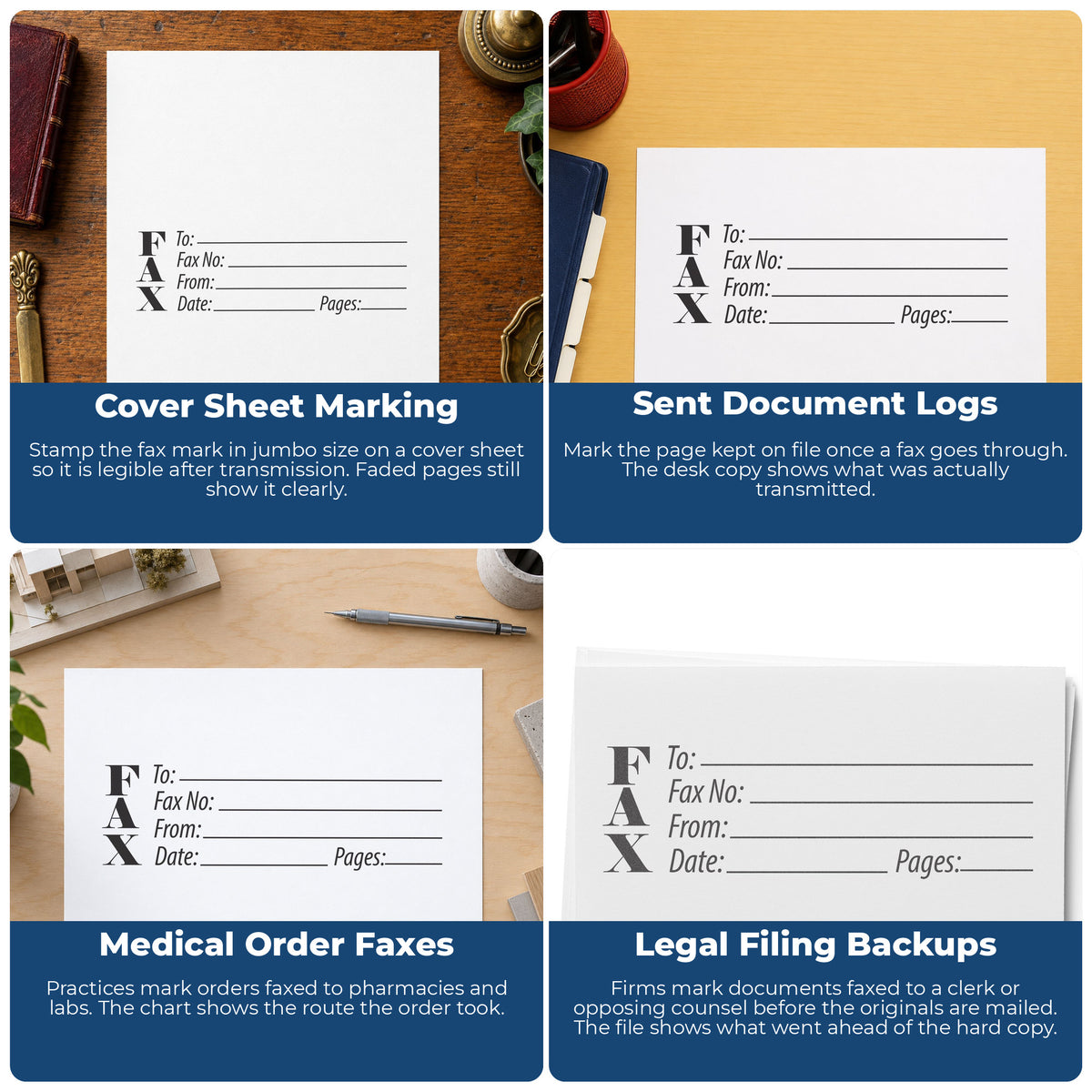 "Fax stamp" stamp shown in use on office documents, Fax Stamp – Jumbo Pre-Inked Xstamper overview