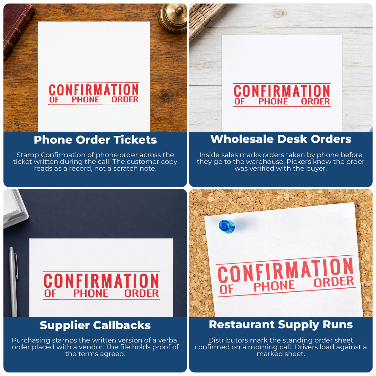 "Confirmation of phone order" stamp shown in use on office documents, Confirmation Of Phone Order Document Stamp – Jumbo P...