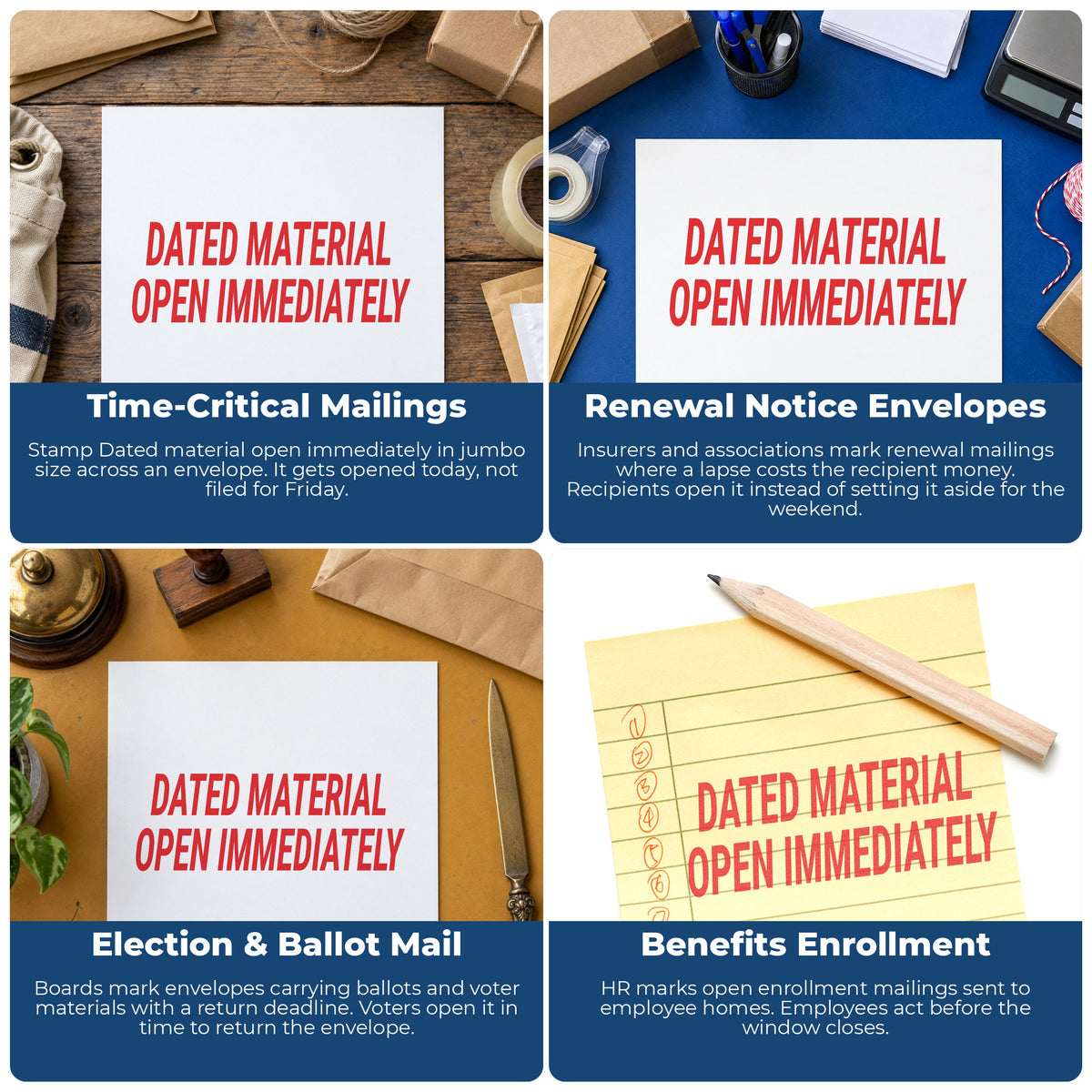 "Dated material open immediately" stamp shown in use on office documents, Jumbo Dated Material Open Immediately Mailing St...