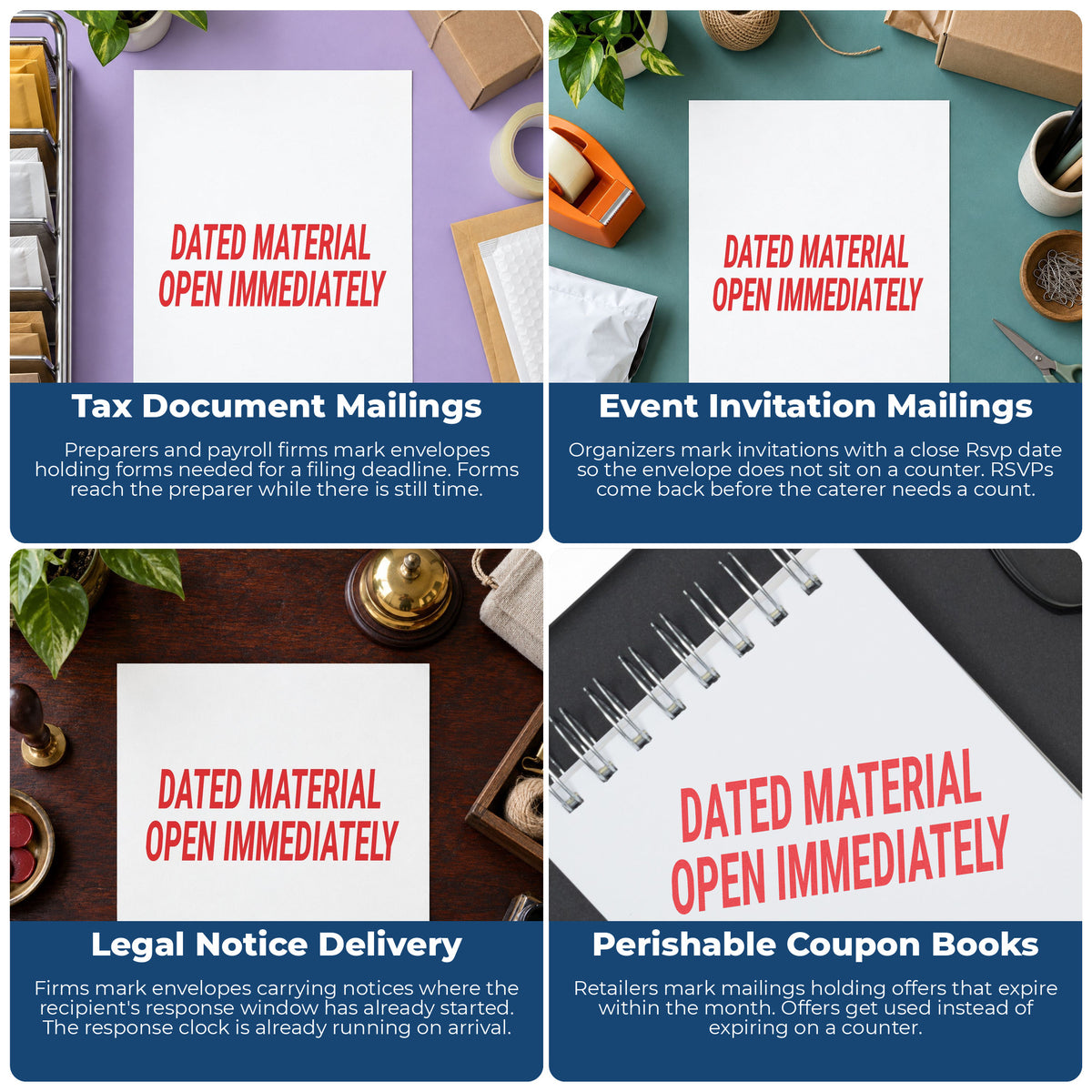 More ways to use the "Dated material open immediately" imprint from the Jumbo Dated Material Open Immediately Mailing Stamp