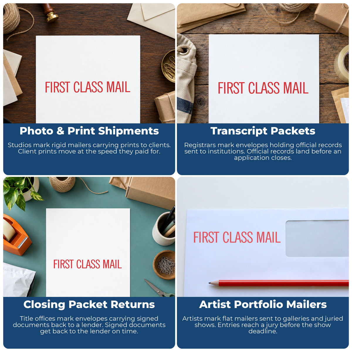 More ways to use the "First class mail" imprint from the First Class Mail Document Stamp – Jumbo Red Pre-Inked Xstamper