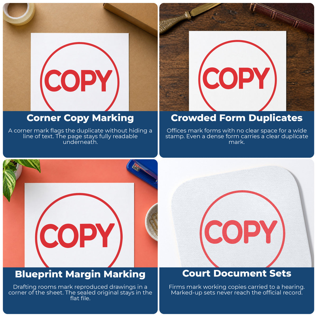 "Copy" stamp shown in use on office documents, Copy Stamp – Round Red Pre-Inked Xstamper overview