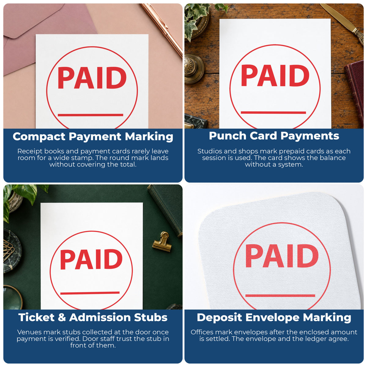 "Paid" stamp shown in use on office documents, Paid Stamp For Invoices – Round Pre-Inked Xstamper overview