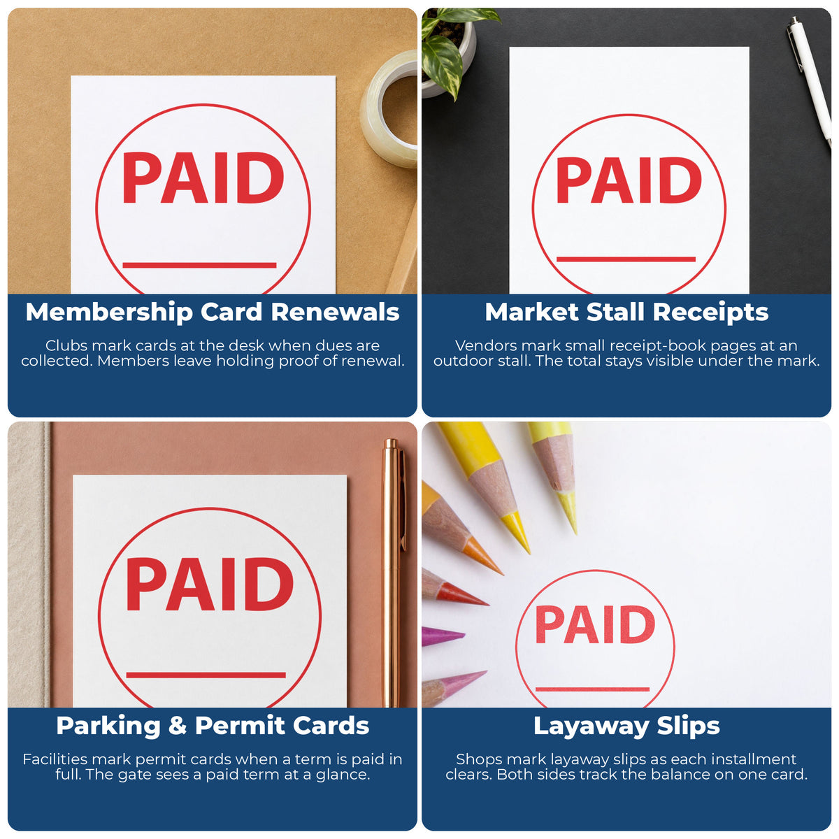 More ways to use the "Paid" imprint from the Paid Stamp For Invoices – Round Pre-Inked Xstamper
