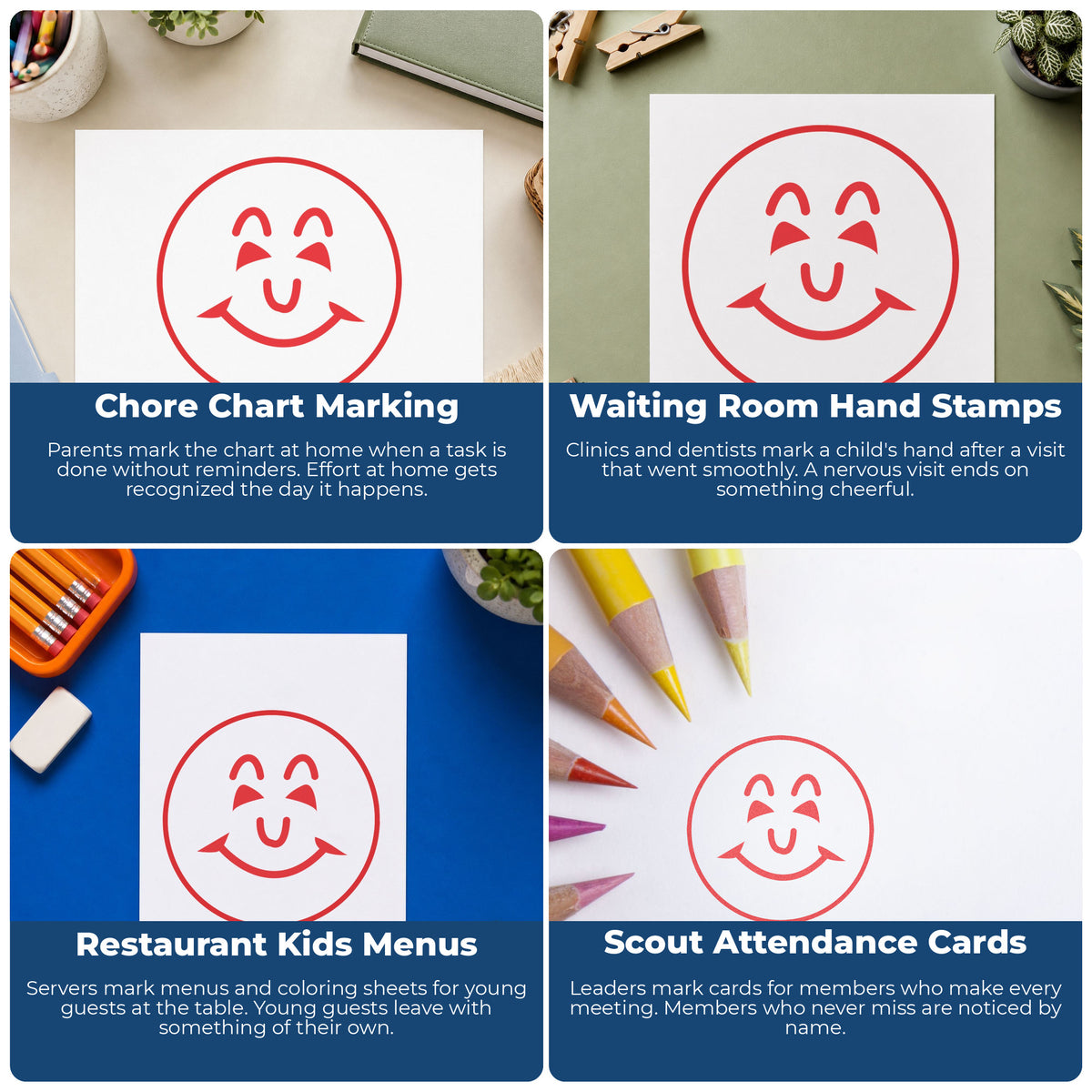 More ways to use the "Smiley face" imprint from the Round Red Smiley Face Teacher Stamp