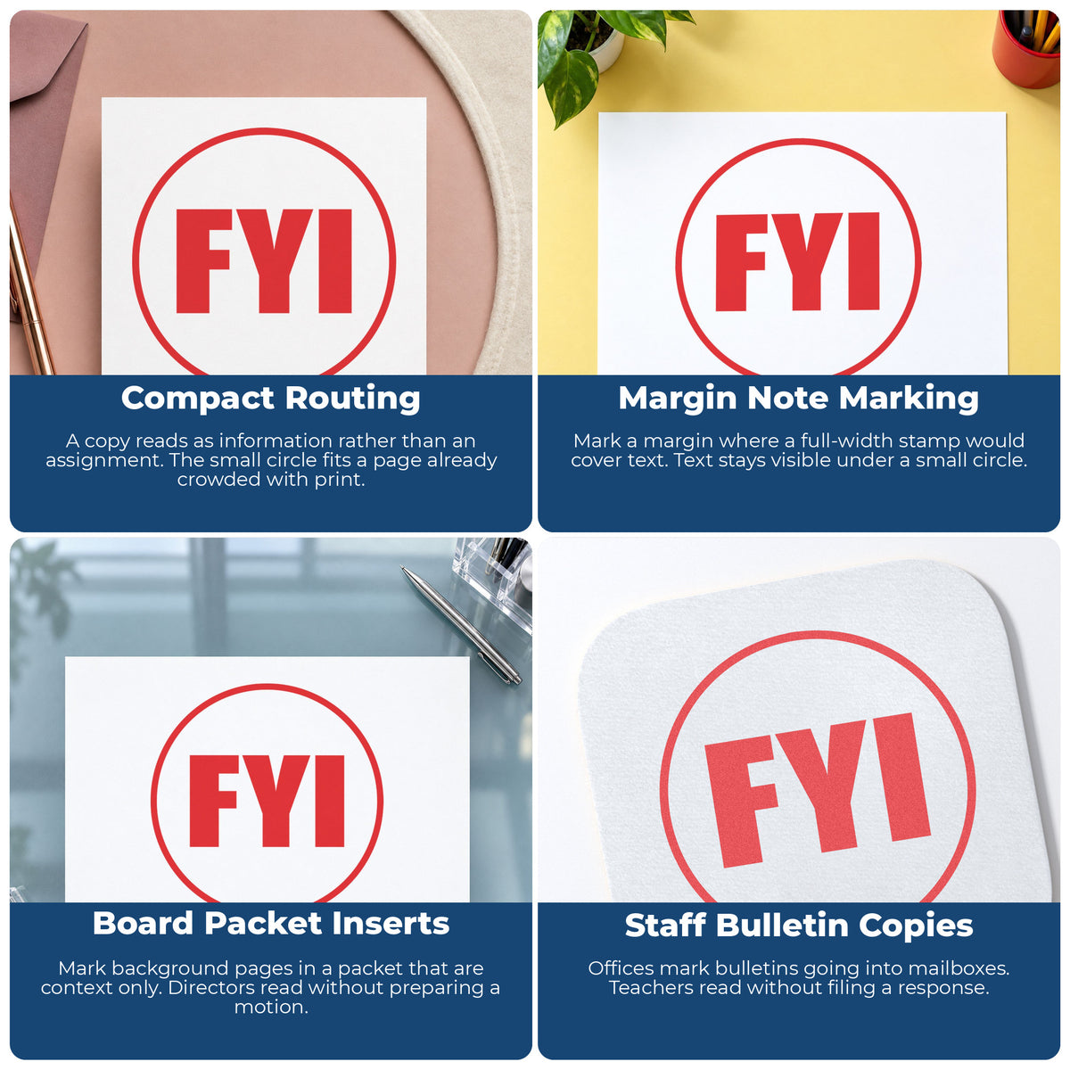 "FYI" stamp shown in use on office documents, FYI Office Stamp – Round Pre-Inked Xstamper overview