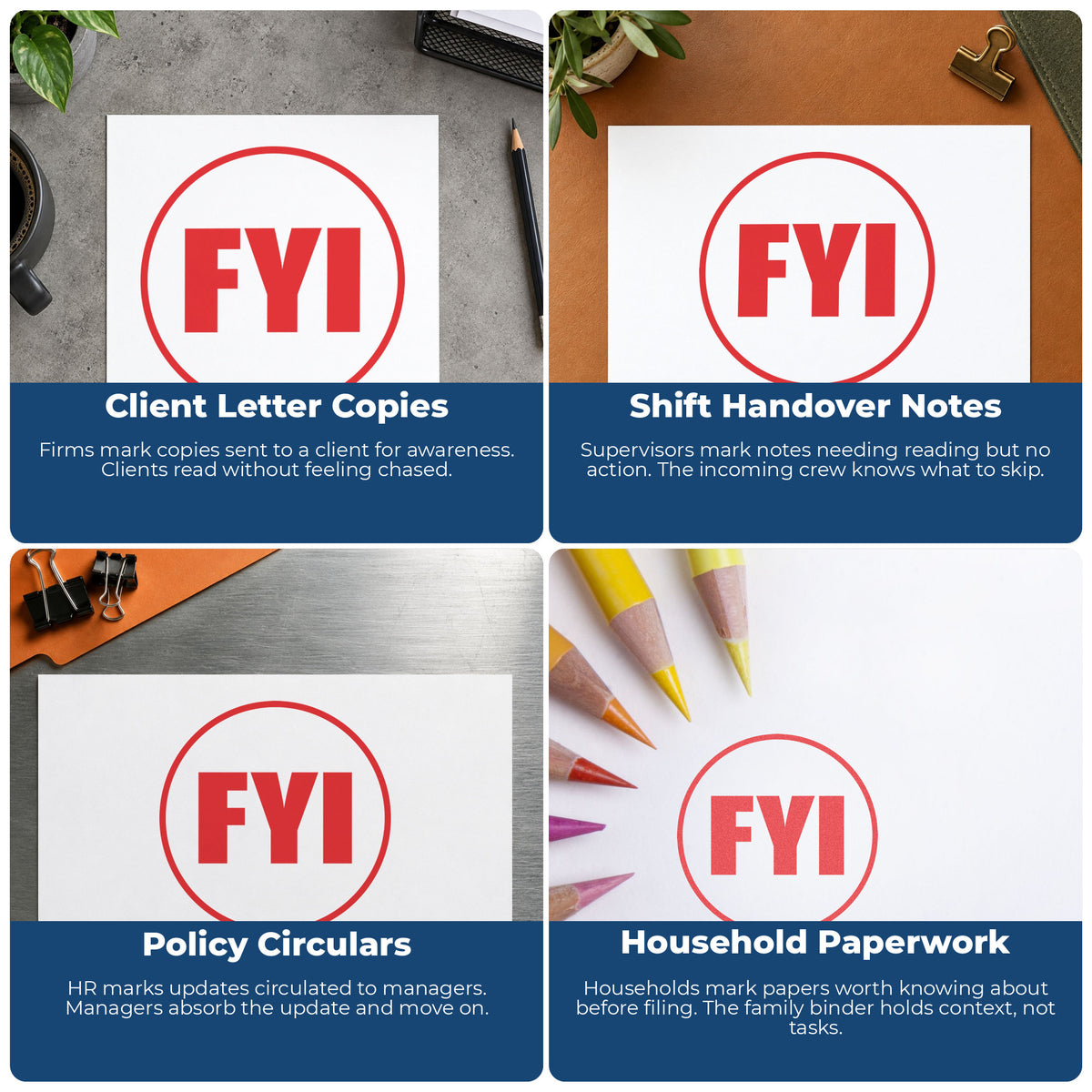 More ways to use the "FYI" imprint from the FYI Office Stamp – Round Pre-Inked Xstamper