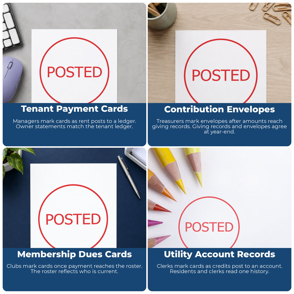 More ways to use the "Posted" imprint from the Xstamper Posted Office Stamp – Round Pre-Inked