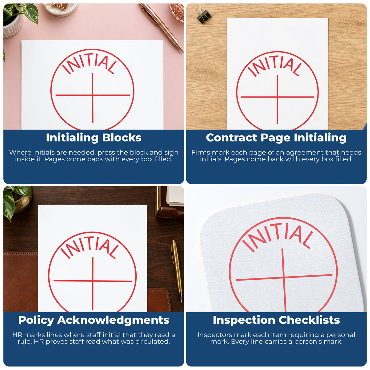 "Initial" stamp shown in use on office documents, Round Initial Instruction Stamp overview