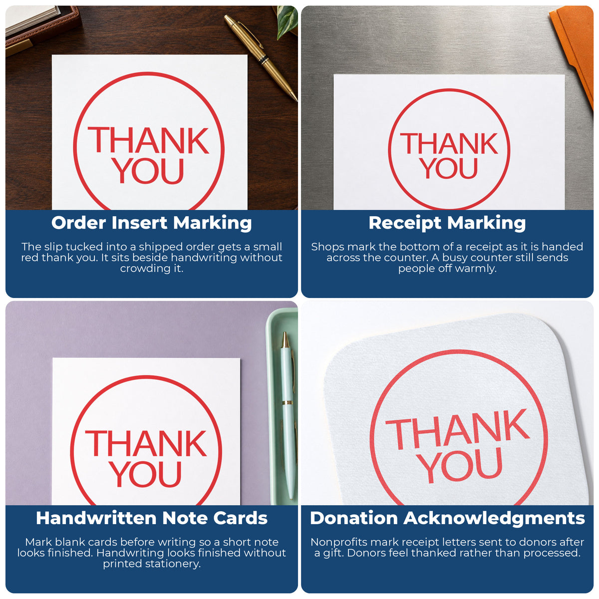 "Thank you" stamp shown in use on office documents, Xstamper Thank You Appreciation Stamp – Round Red Pre-Inked overview