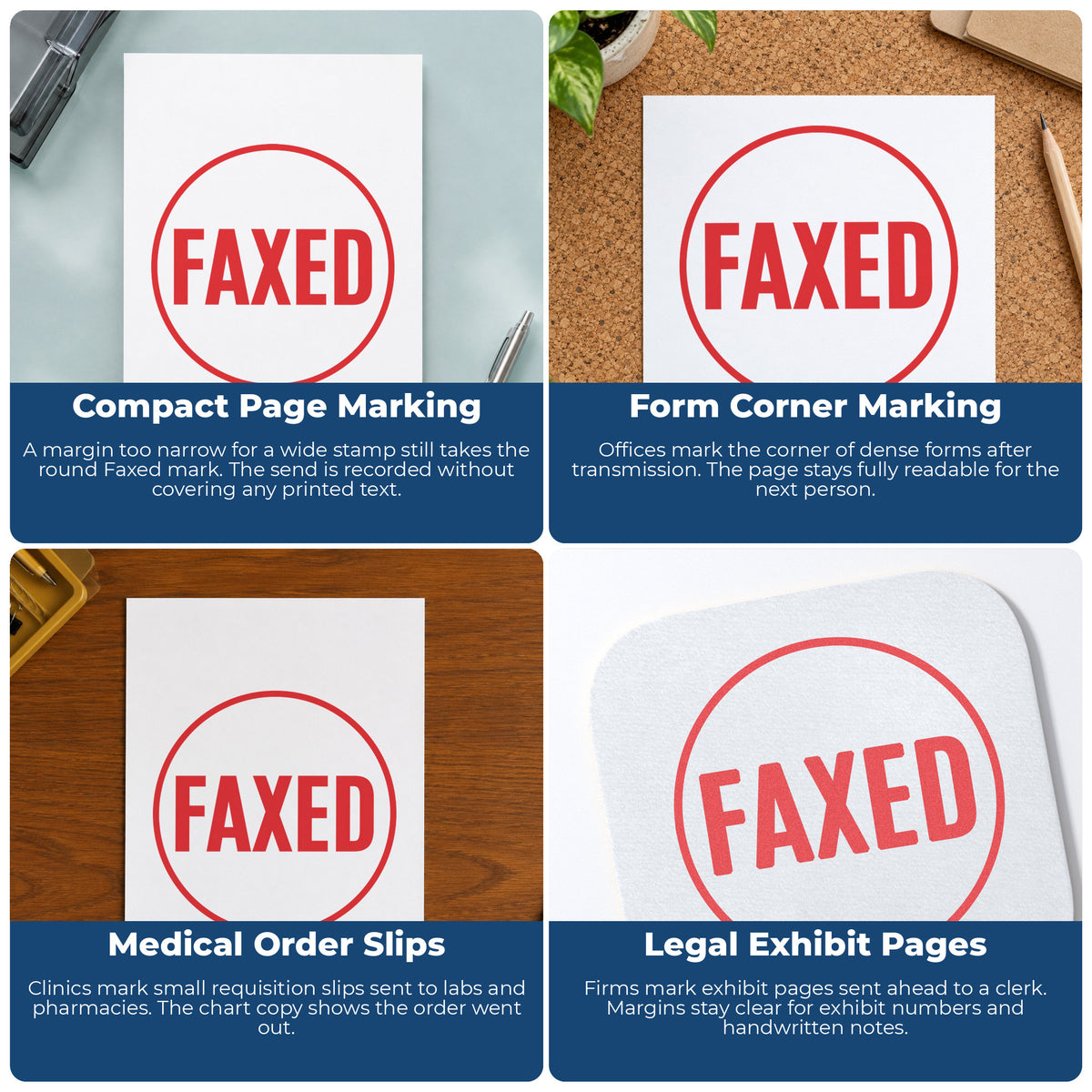 "Faxed" stamp shown in use on office documents, Xstamper Faxed Record Stamp – Round Pre-Inked overview