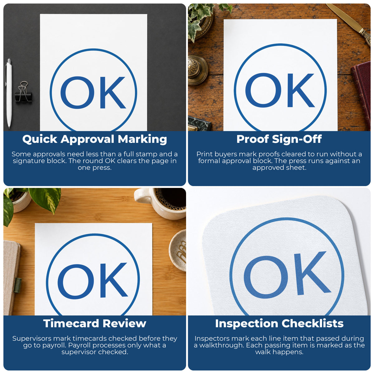 "OK" stamp shown in use on office documents, OK Approval Stamp – Round Pre-Inked Xstamper overview