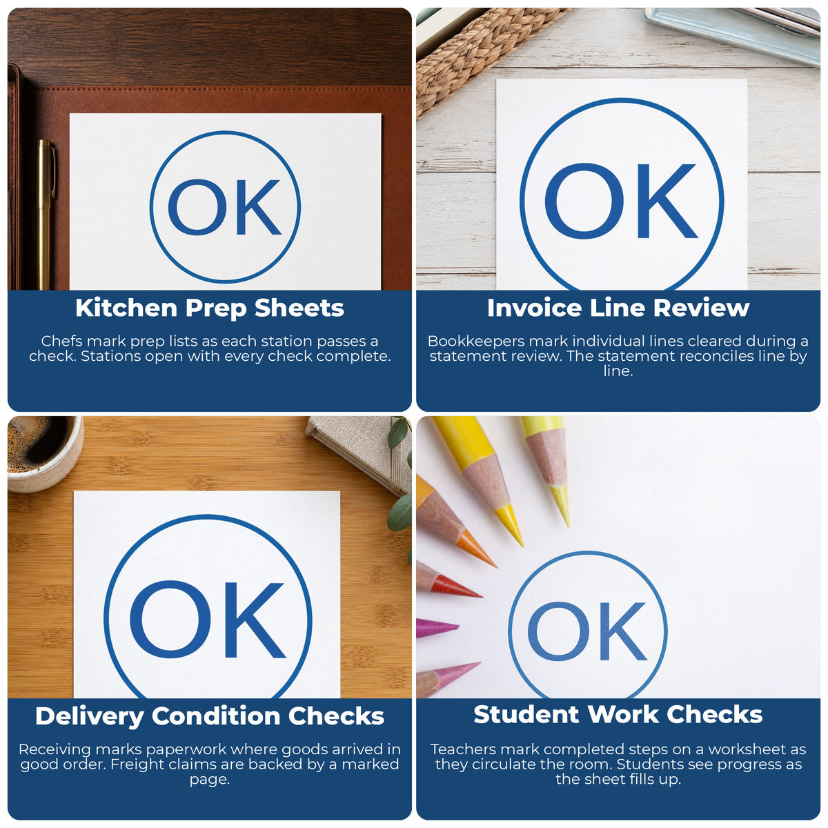 More ways to use the "OK" imprint from the OK Approval Stamp – Round Pre-Inked Xstamper